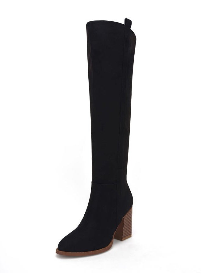 Ermonn Womens Faux Suede Wide Calf Over The Knee Side Zipper Chunky Heel Stretch Thigh High Winter Boots for Women, Black, 9 - Image 4