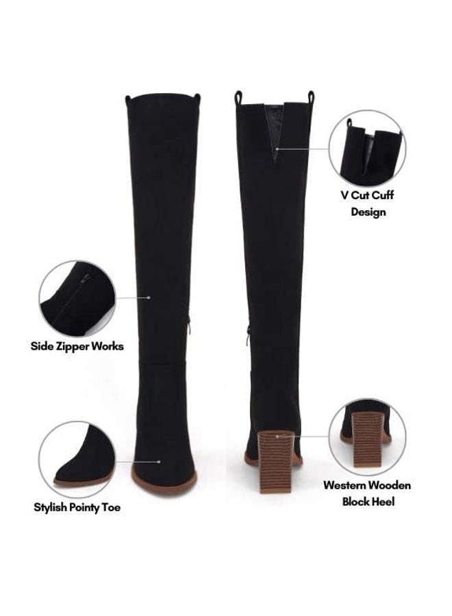 Ermonn Womens Faux Suede Wide Calf Over The Knee Side Zipper Chunky Heel Stretch Thigh High Winter Boots for Women, Black, 9 - Image 5