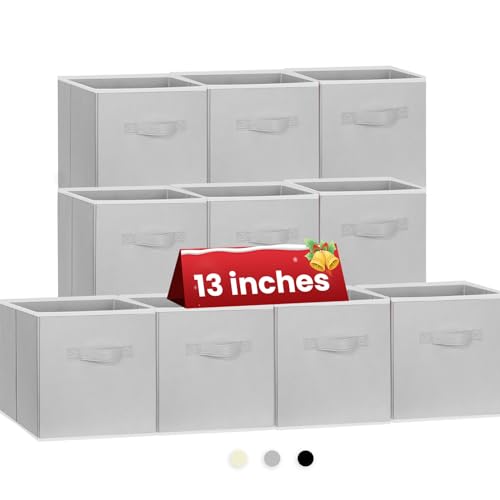 Criusia Large Storage Cubes, 13x13 Cube Storage Bins (Set of 10), Fabric Collapsible Storage Bins with Dual Handles, Foldable Cube Baskets for Shelf, Closet Organizers and Storage Box (Grey) - Image 1