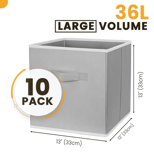 Criusia Large Storage Cubes, 13x13 Cube Storage Bins (Set of 10), Fabric Collapsible Storage Bins with Dual Handles, Foldable Cube Baskets for Shelf, Closet Organizers and Storage Box (Grey) - Image 2