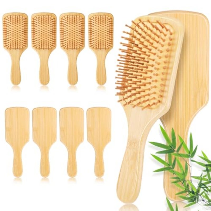 10 Pack Bamboo Hair Brushes, Natural Wooden Paddle Brush with Round-Tipped Bristles for Scalp Massage, Anti-Static Detangling and Hair Growth, Gentle for Women Men 9.84" x 3.4" - Image 1