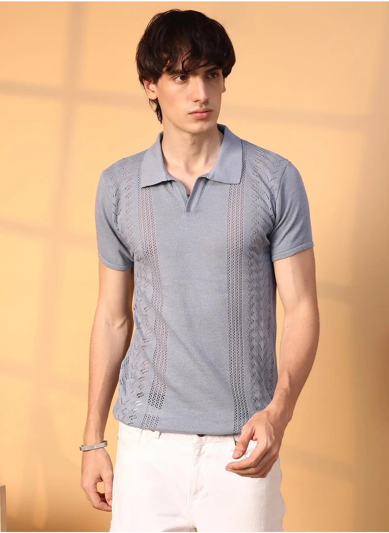 Campus Sutra Men's Coin Grey Block-Textured Polo T-Shirt