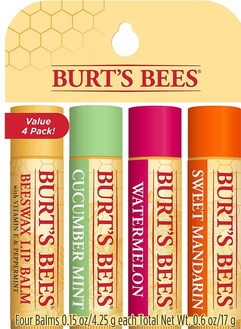 بيرتس بيز Burt's Bees 100% Natural Moisturizing Lip Balm, Freshly Picked Beeswax, Cucumber Mint, Watermelon, & Sweet Mandarin, 4 Tubes - Image 1