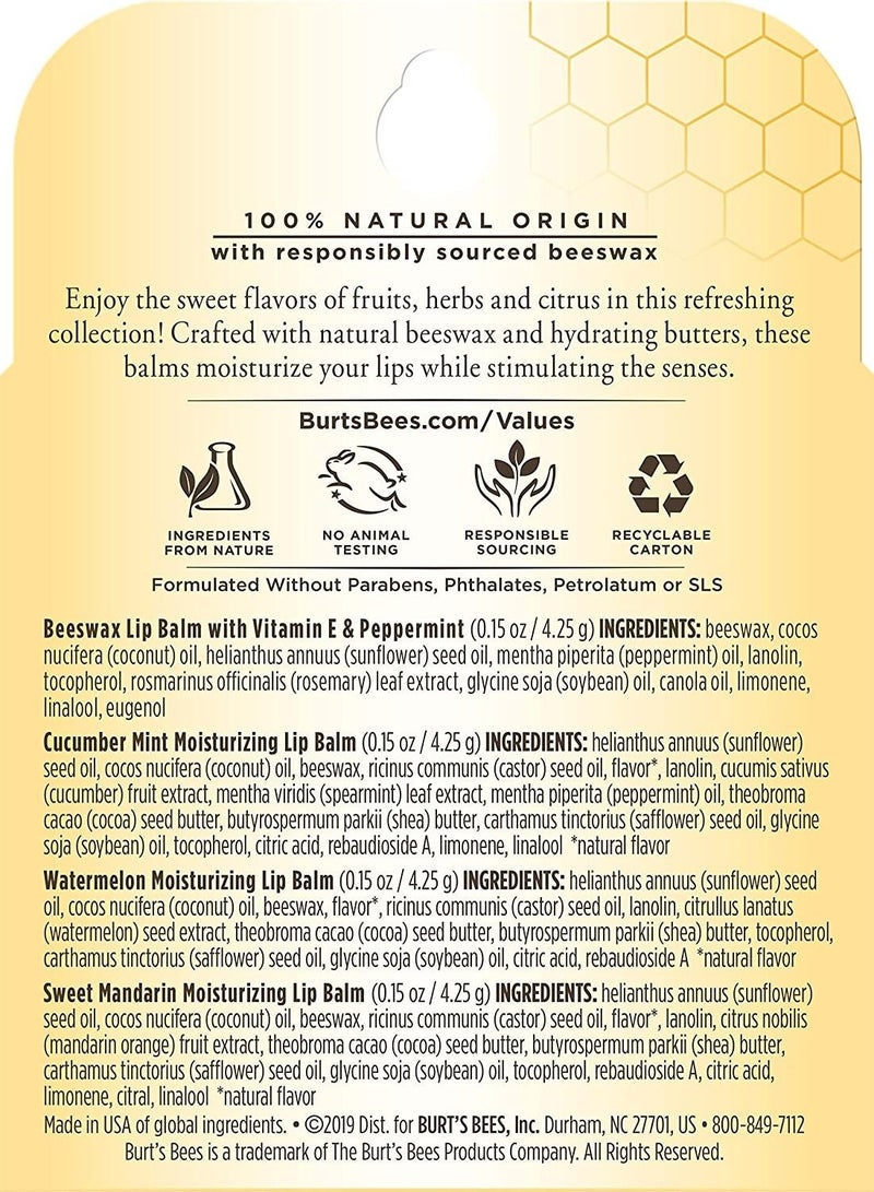 بيرتس بيز Burt's Bees 100% Natural Moisturizing Lip Balm, Freshly Picked Beeswax, Cucumber Mint, Watermelon, & Sweet Mandarin, 4 Tubes - Image 2