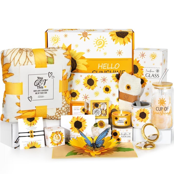 SUNFLOWER GIFTS FOR WOMEN 15 PCS UNIQUE BIRTHDAY AND BASKET GET WELL SOON CARE PACKAGE INSPIRATIONAL BOX FOR HER MOM SISTER BEST FRIENDS YELLOW