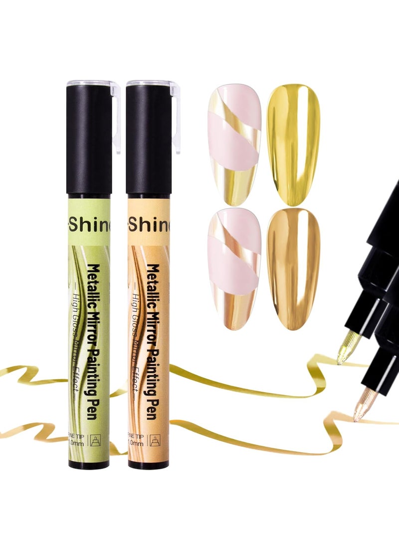 U-Shinein Metallic Painting Gel, Mirror Gold & Champ Gold Chrome Nail Polish, High Glossy Chrome Metal Finish 3D Metal Nail Polish Painting Drawing Nail Gel Soak Off UV/LED DIY Nail Art, 2Pcs 8ML 