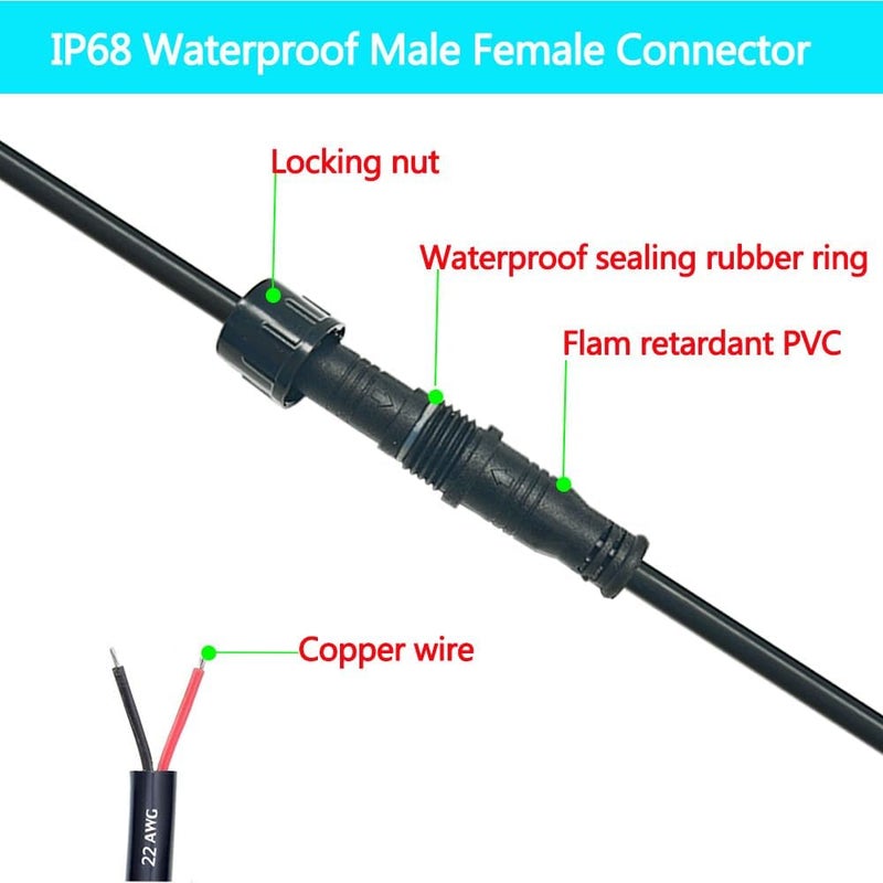 dstfuy Waterproof Connector 2 Wire,22AWG 2Pin Male Female Plug LED Connector with IP68,30CM Extension Cable for Car,LED Strip Lights(3Pack) - Image 2