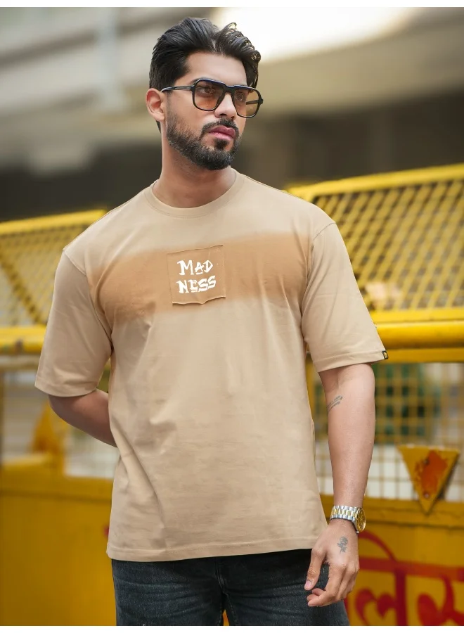 Maniac Maniac Mens Printed Patch Round Neck Half Sleeve Biscuit Cotton T-Shirt