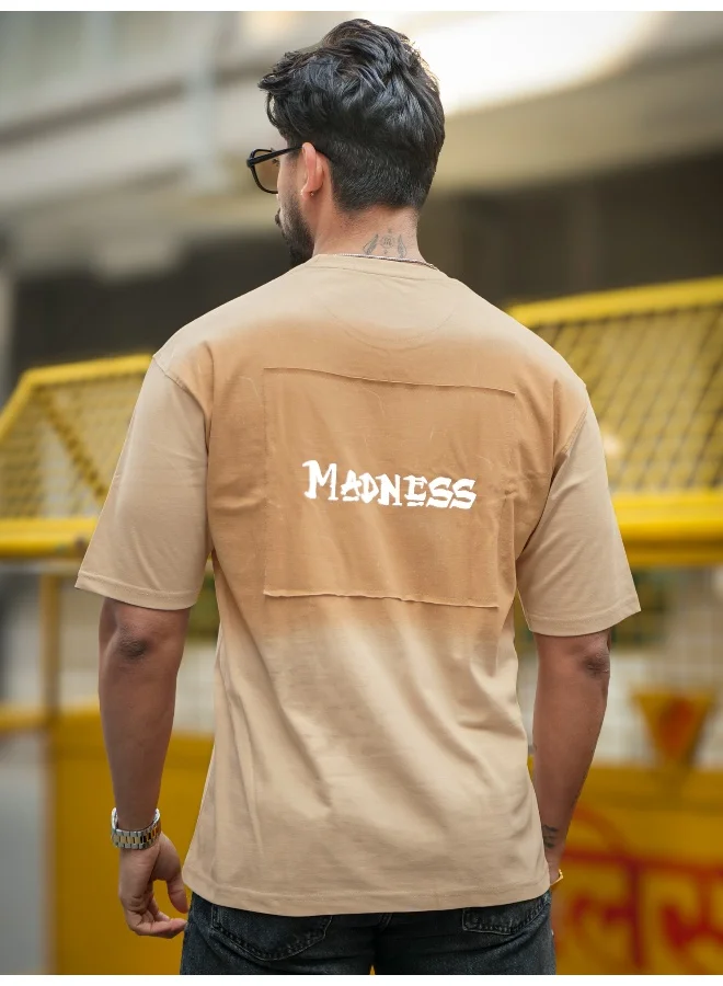 Maniac Maniac Mens Printed Patch Round Neck Half Sleeve Biscuit Cotton T-Shirt