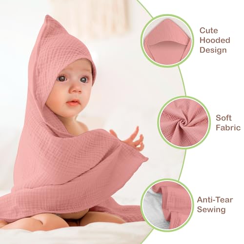 infancie Organic Cotton Muslin Baby Hooded Towels - 32x32 Inch, 2 Pack Newborn Bath Towels for Boys & Girls, Soft & Absorbent Bath Set (Rose/Peach) - Image 2