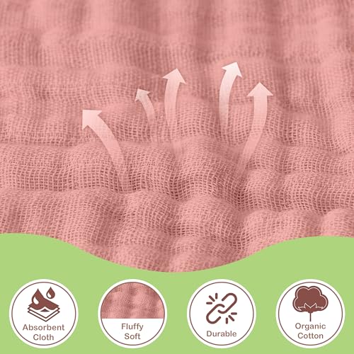 infancie Organic Cotton Muslin Baby Hooded Towels - 32x32 Inch, 2 Pack Newborn Bath Towels for Boys & Girls, Soft & Absorbent Bath Set (Rose/Peach) - Image 5
