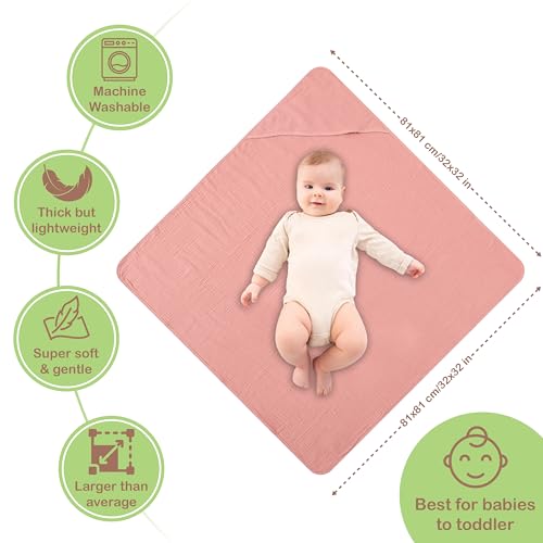infancie Organic Cotton Muslin Baby Hooded Towels - 32x32 Inch, 2 Pack Newborn Bath Towels for Boys & Girls, Soft & Absorbent Bath Set (Rose/Peach) - Image 3