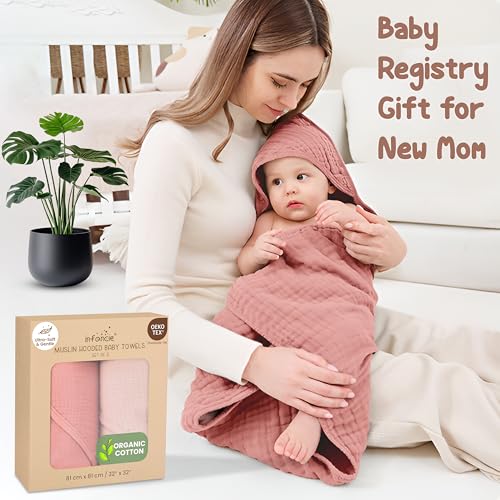 infancie Organic Cotton Muslin Baby Hooded Towels - 32x32 Inch, 2 Pack Newborn Bath Towels for Boys & Girls, Soft & Absorbent Bath Set (Rose/Peach) - Image 4