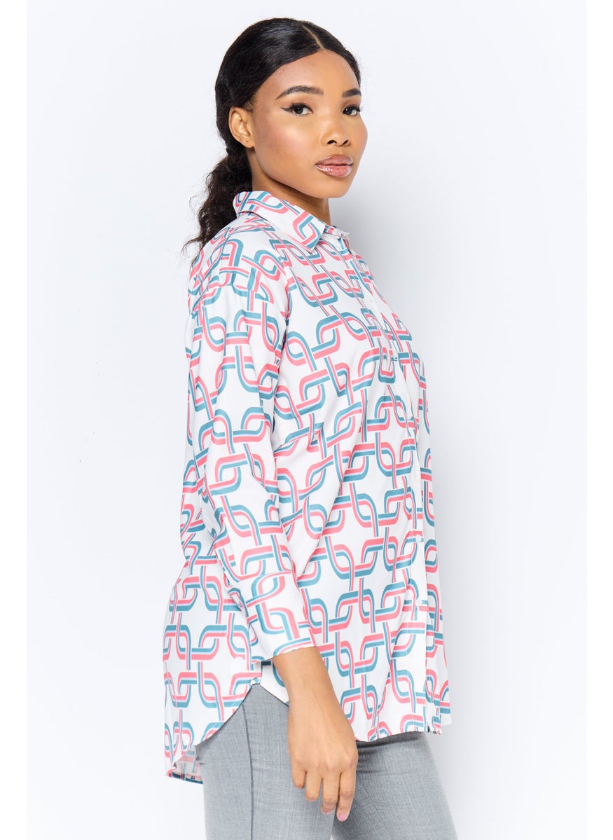 Kathy Ireland Women Spread Collar Long Sleeve Allover Print Shirt, Multicolor  - Image 2