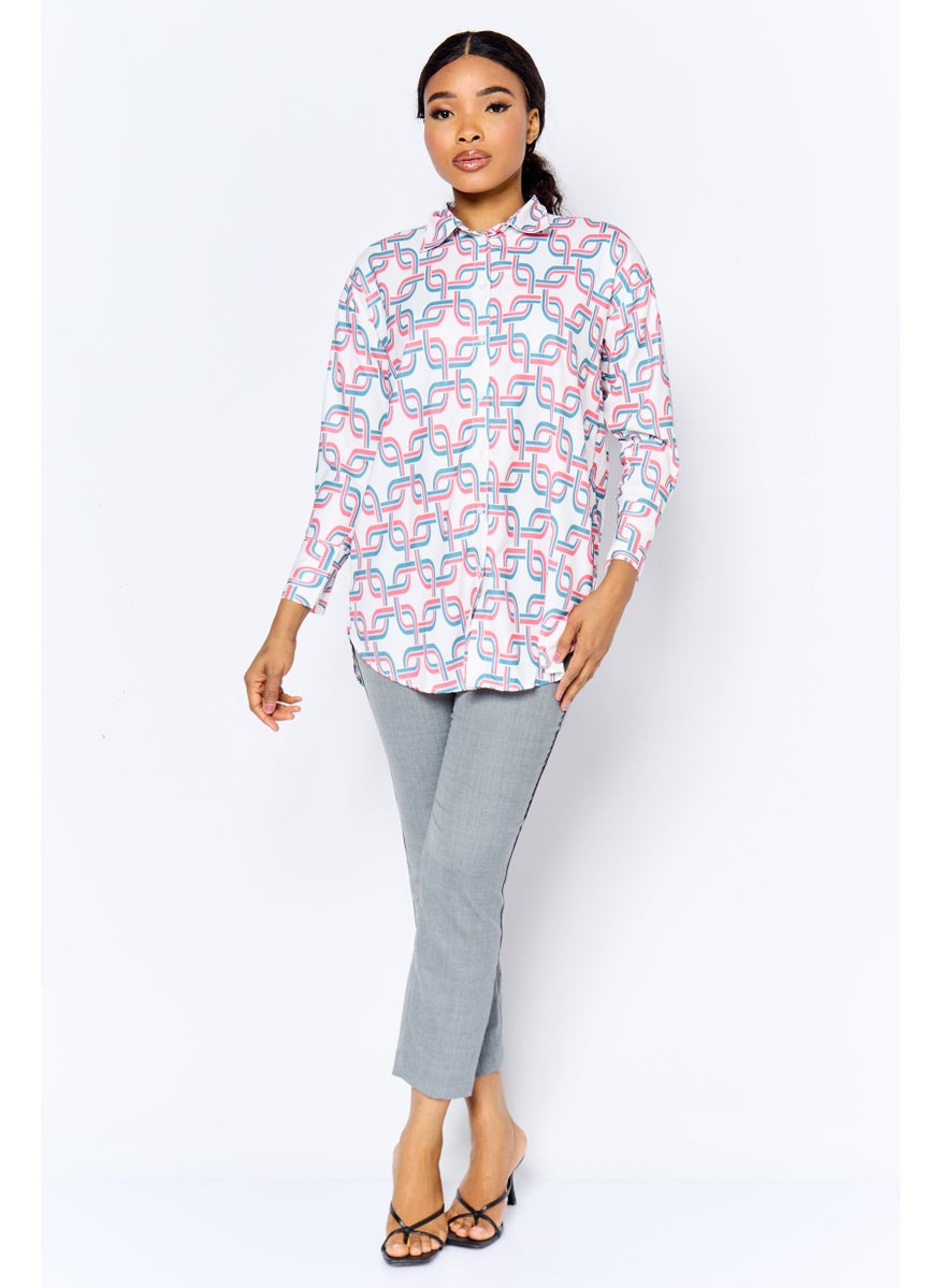 Kathy Ireland Women Spread Collar Long Sleeve Allover Print Shirt, Multicolor  - Image 3