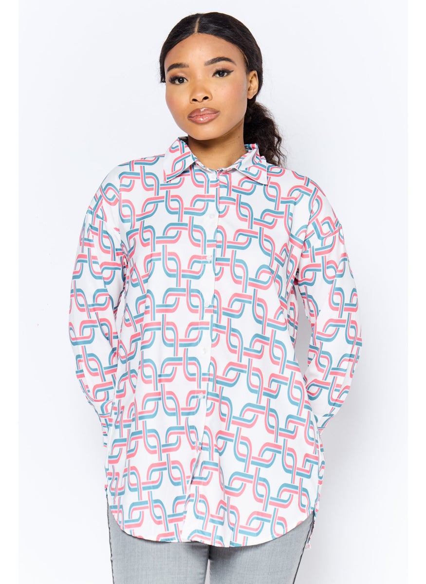Kathy Ireland Women Spread Collar Long Sleeve Allover Print Shirt, Multicolor  - Image 1