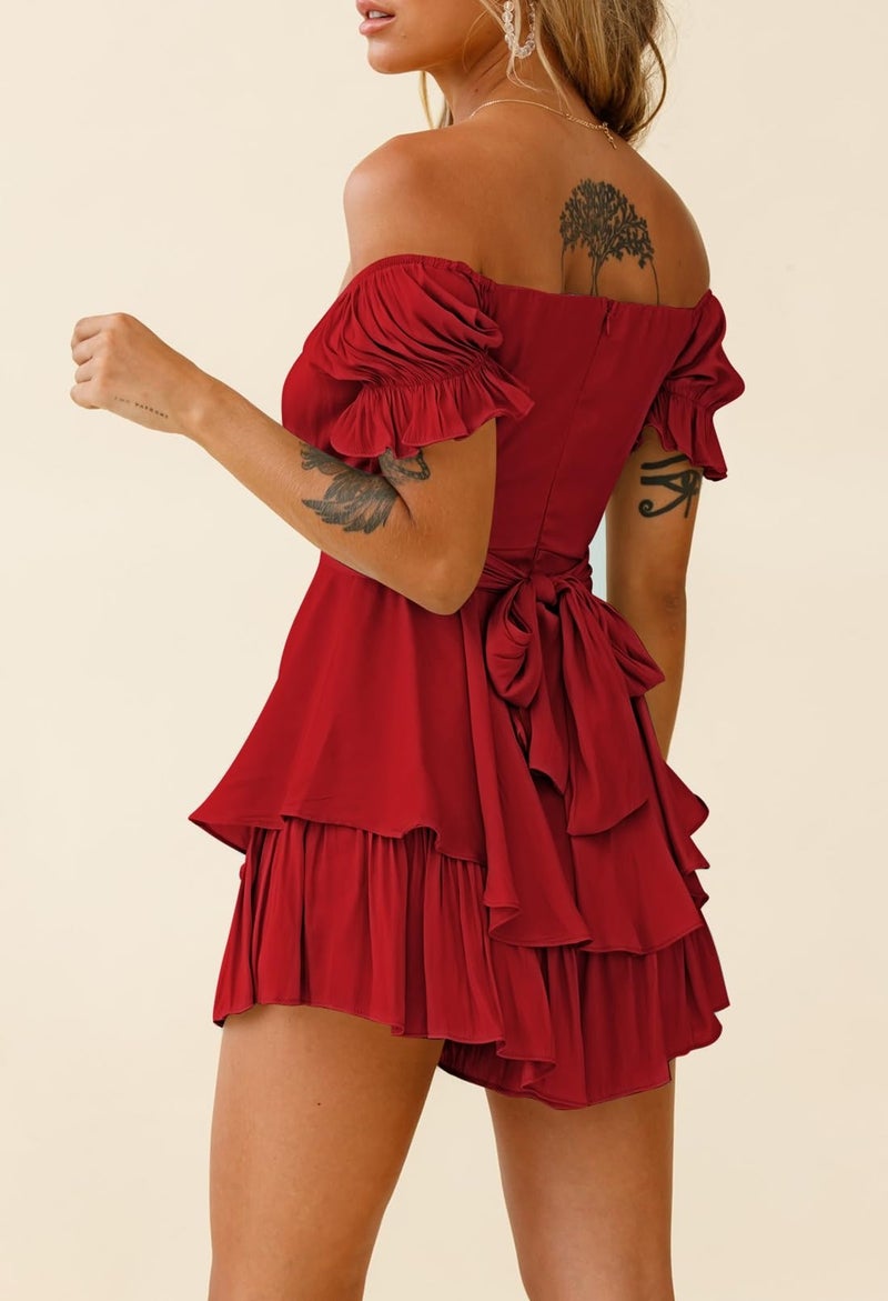 Fixmatti Women Summer Boho Romper Shorts Off Shoulder Mini Ruffle Chiffon Jumpsuits Red L - Image 4