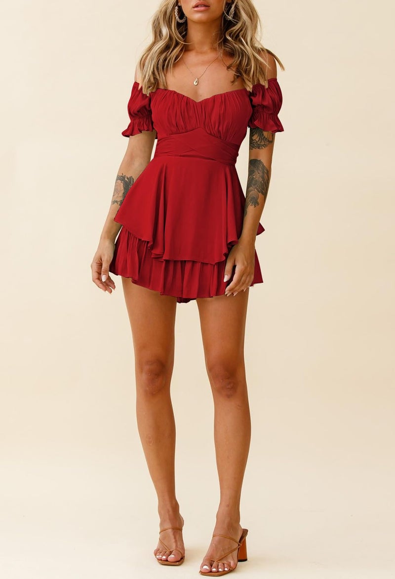 Fixmatti Women Summer Boho Romper Shorts Off Shoulder Mini Ruffle Chiffon Jumpsuits Red L - Image 5