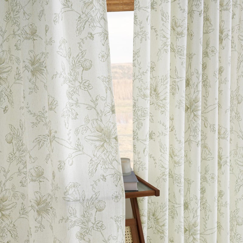 BILEEHOME Green Floral Linen Curtains for Living Dining Room 96 Inch Length 2 Panels Sage Green Flower Patterned Printed Curtains Pinch Pleat Back Tab with Hooks Rings Semi Sheer Farmhouse Rustic Drape Bedroom - Image 2