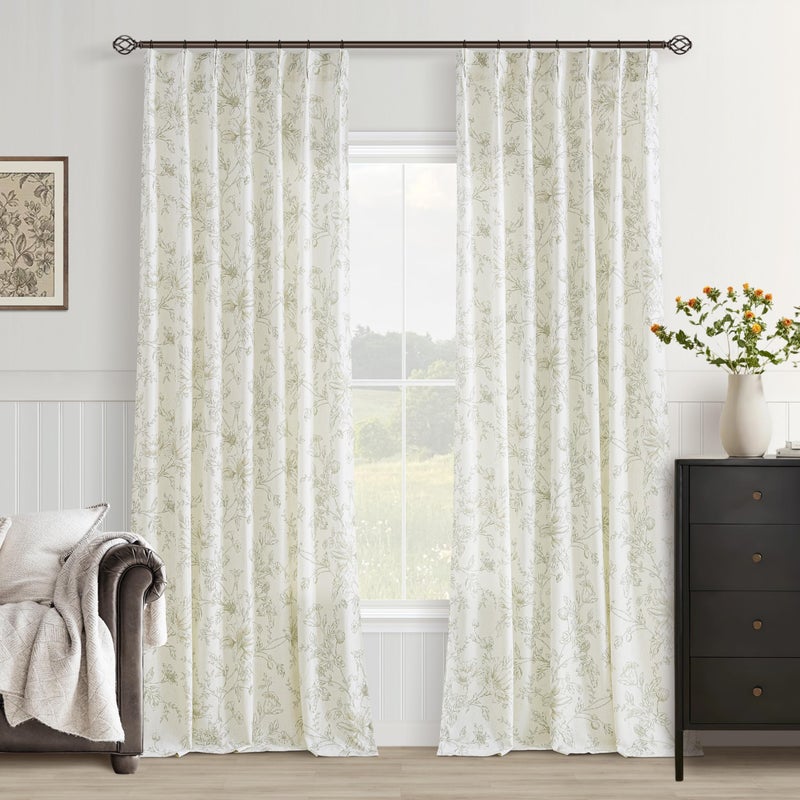 BILEEHOME Green Floral Linen Curtains for Living Dining Room 96 Inch Length 2 Panels Sage Green Flower Patterned Printed Curtains Pinch Pleat Back Tab with Hooks Rings Semi Sheer Farmhouse Rustic Drape Bedroom - Image 1