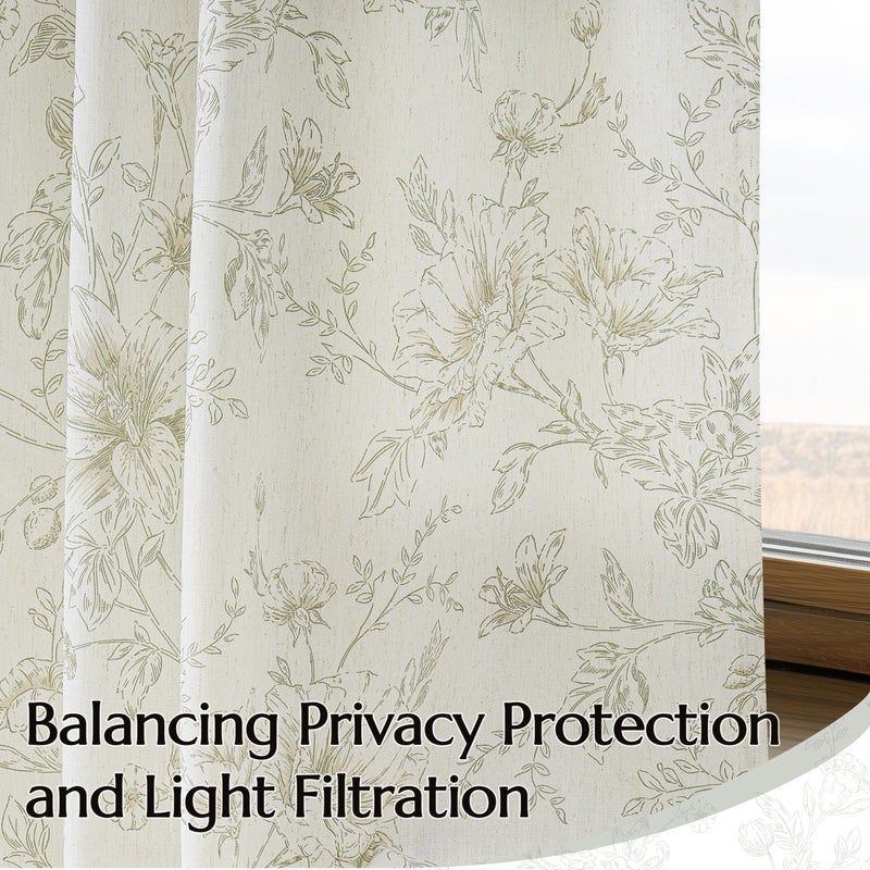 BILEEHOME Green Floral Linen Curtains for Living Dining Room 96 Inch Length 2 Panels Sage Green Flower Patterned Printed Curtains Pinch Pleat Back Tab with Hooks Rings Semi Sheer Farmhouse Rustic Drape Bedroom - Image 5