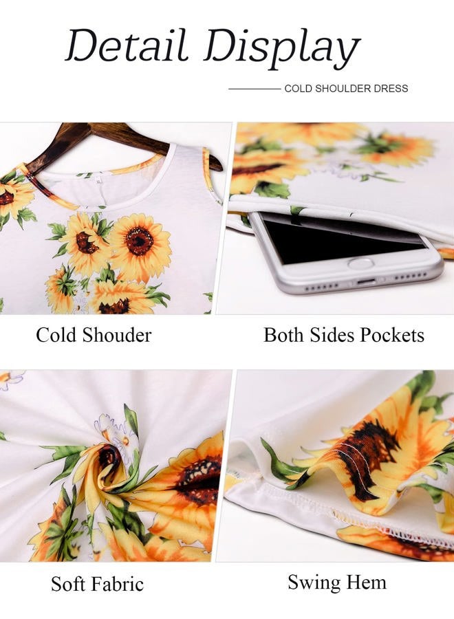 Tanst Sky Women Cold Shoulder Dress Floral Printed Short Sleeve Sundress with Pocket, Sunflowers, M - Image 4