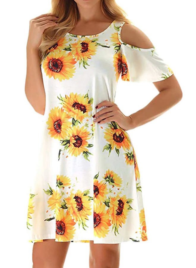 Tanst Sky Women Cold Shoulder Dress Floral Printed Short Sleeve Sundress with Pocket, Sunflowers, M - Image 1