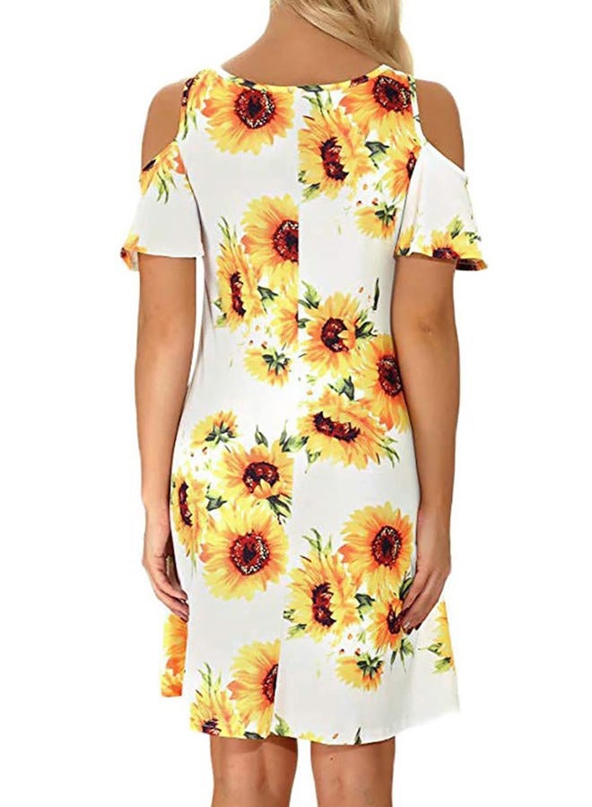 Tanst Sky Women Cold Shoulder Dress Floral Printed Short Sleeve Sundress with Pocket, Sunflowers, M - Image 3