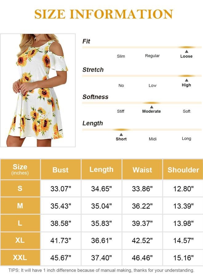 Tanst Sky Women Cold Shoulder Dress Floral Printed Short Sleeve Sundress with Pocket, Sunflowers, M - Image 5