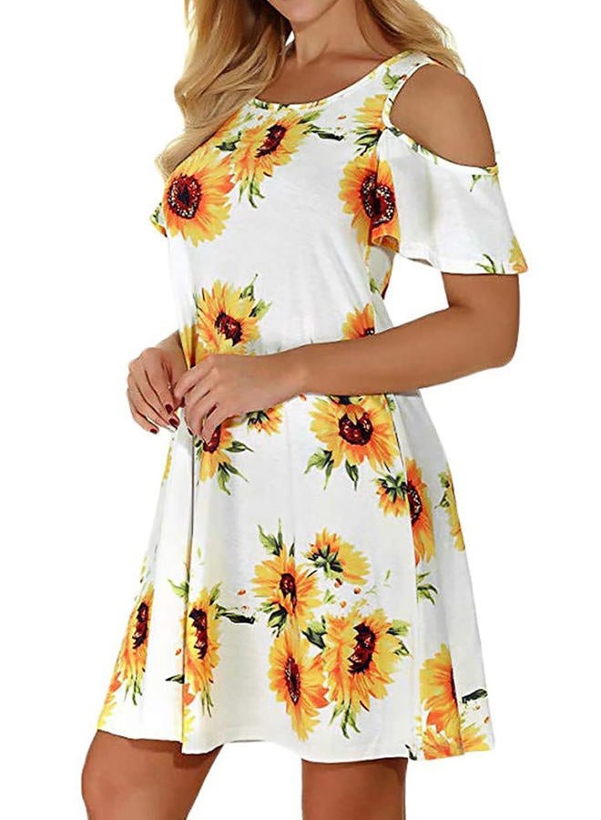 Tanst Sky Women Cold Shoulder Dress Floral Printed Short Sleeve Sundress with Pocket, Sunflowers, M - Image 2