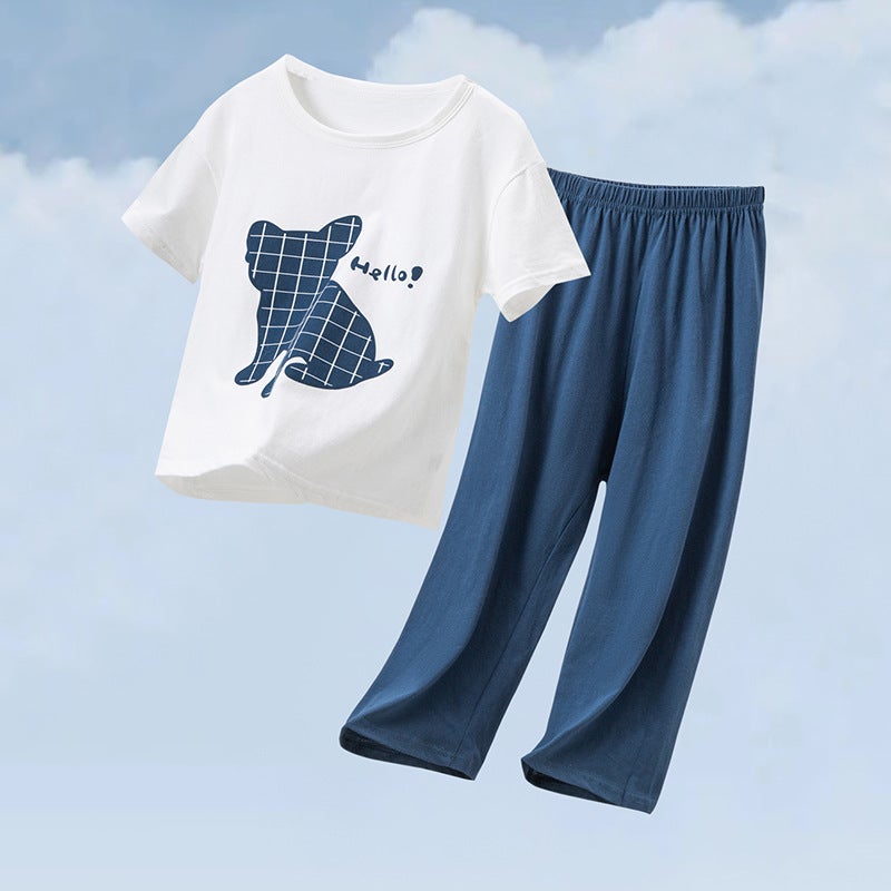 Parent-Child Pure Cotton suit Summer Childrens Home Clothes Boys and Girls Thin Pajamas Babys Pure Cotton Air-conditioning Clothes Childrens Clothing suit) blue puppy 