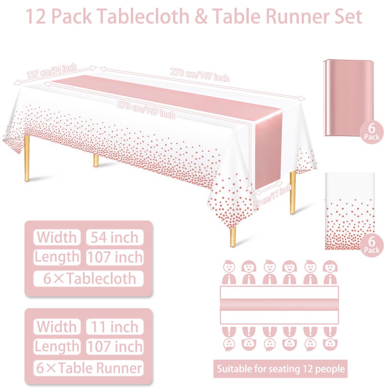 Barafat 12 Pack Rose Gold Color Tablecloth Table Runner Set, Disposable Tablecloth, White & Rose Gold Dot Pink Satin Table Runner for Wedding Birthday Anniversary Party Decorations - Image 2