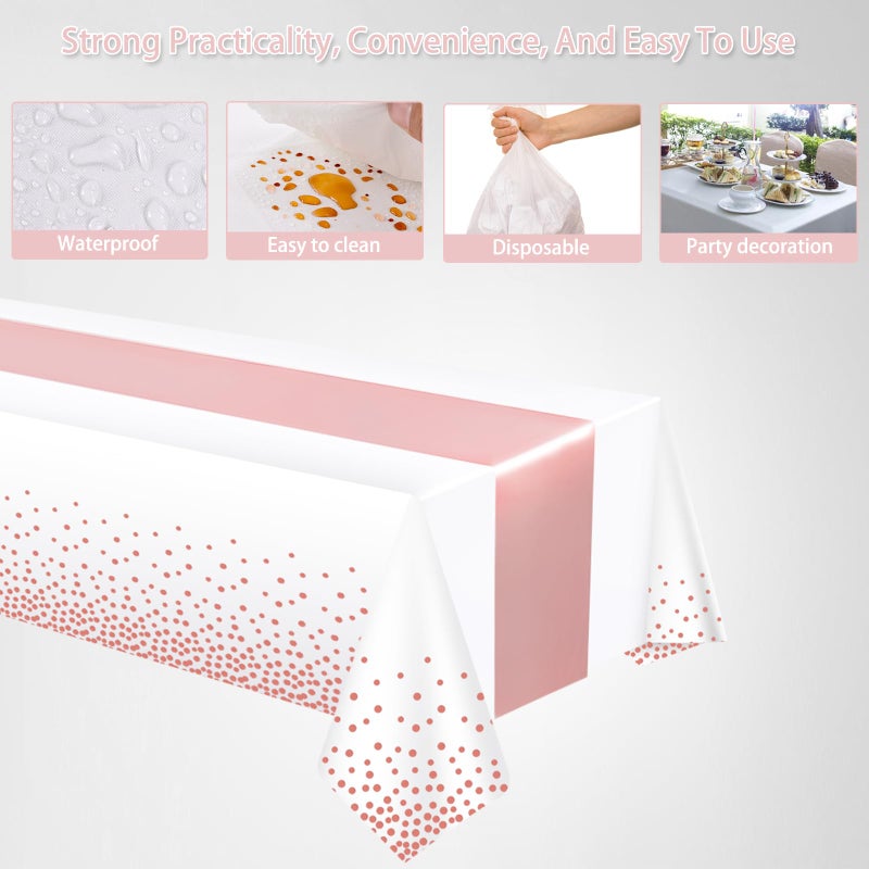 Barafat 12 Pack Rose Gold Color Tablecloth Table Runner Set, Disposable Tablecloth, White & Rose Gold Dot Pink Satin Table Runner for Wedding Birthday Anniversary Party Decorations - Image 4