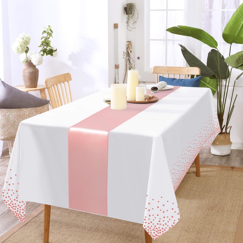 Barafat 12 Pack Rose Gold Color Tablecloth Table Runner Set, Disposable Tablecloth, White & Rose Gold Dot Pink Satin Table Runner for Wedding Birthday Anniversary Party Decorations - Image 5