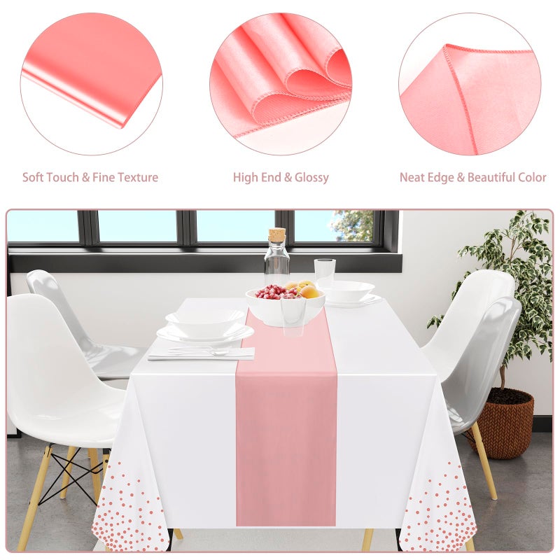Barafat 12 Pack Rose Gold Color Tablecloth Table Runner Set, Disposable Tablecloth, White & Rose Gold Dot Pink Satin Table Runner for Wedding Birthday Anniversary Party Decorations - Image 3