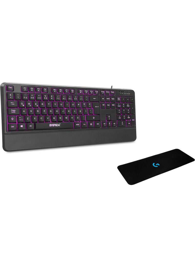 Everest KB-R61 Bright Black USB 3 Color Illuminated Q Fixed Wrist Support Gaming Player Multimedia Keyboard + Logitech 70 x 30 Gaming Mouse Pad  - Image 1