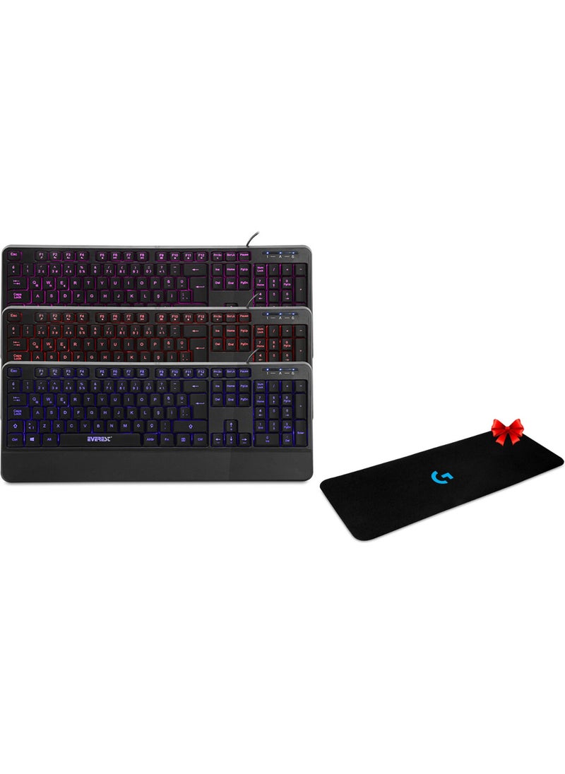 Everest KB-R61 Bright Black USB 3 Color Illuminated Q Fixed Wrist Support Gaming Player Multimedia Keyboard + Logitech 70 x 30 Gaming Mouse Pad  - Image 3