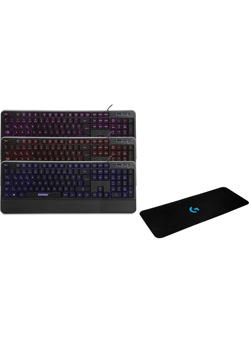 إيفرست KB-R61 Bright Black USB 3 Color Illuminated Q Fixed Wrist Support Gaming Player Multimedia Keyboard + Logitech 70 x 30 Gaming Mouse Pad