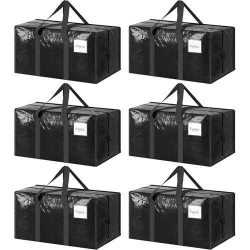 FYGRIP 6 Pack Extra Heavy Duty Large Moving Bags with Strong Zipper & Comfortable Handles, Sturdy & Durable Clothes Storage Bags Totes Bins, Packing Moving Boxes for College Supplies, Black - Image 1