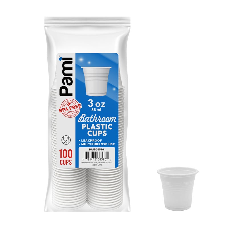 PAMI Plastic Bathroom Cups 3oz Pack of 100 Disposable Mini Mouthwash Cups FoodSafe  BPAFree Rinse Cups Multipurpose  Leakproof Stackable Bath Cups Great for Medicine Espresso Shots