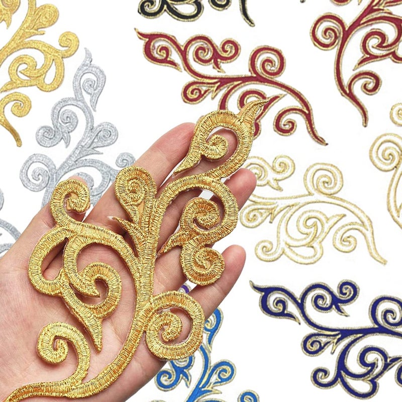 MSCFTFB 5 Pairs Embroidered Fancy Baroque Applique Swirl Iron on Patches Scroll Badge with Gold Trimming for Wedding Gown Dress Shoe Shirt Borders (Gold) - Image 2