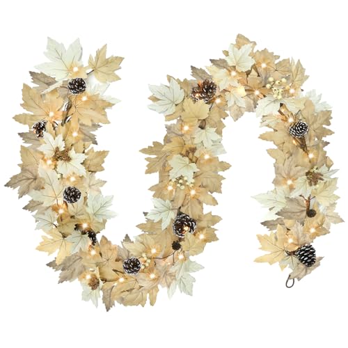 6 FT Realistic Fall Garland with Lights Timer Function Fall Leaves Maple Garland with Berries Pine Cones Autumn Automatic Fall Decorations for Home Mantle Fireplace Porch Table Decor