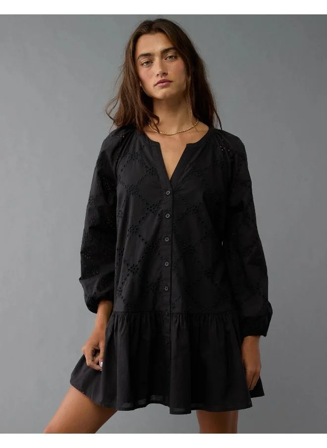 American Eagle Puff Sleeve Drop Waist Shirt Mini Dress