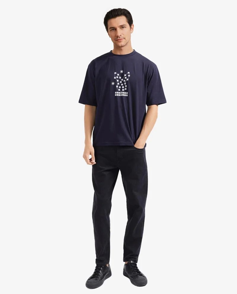 Rare Rabbit Rare Rabbit Men Rin Navy Short Sleeves Crew Neck Boxy Fit HD Print T-Shirt