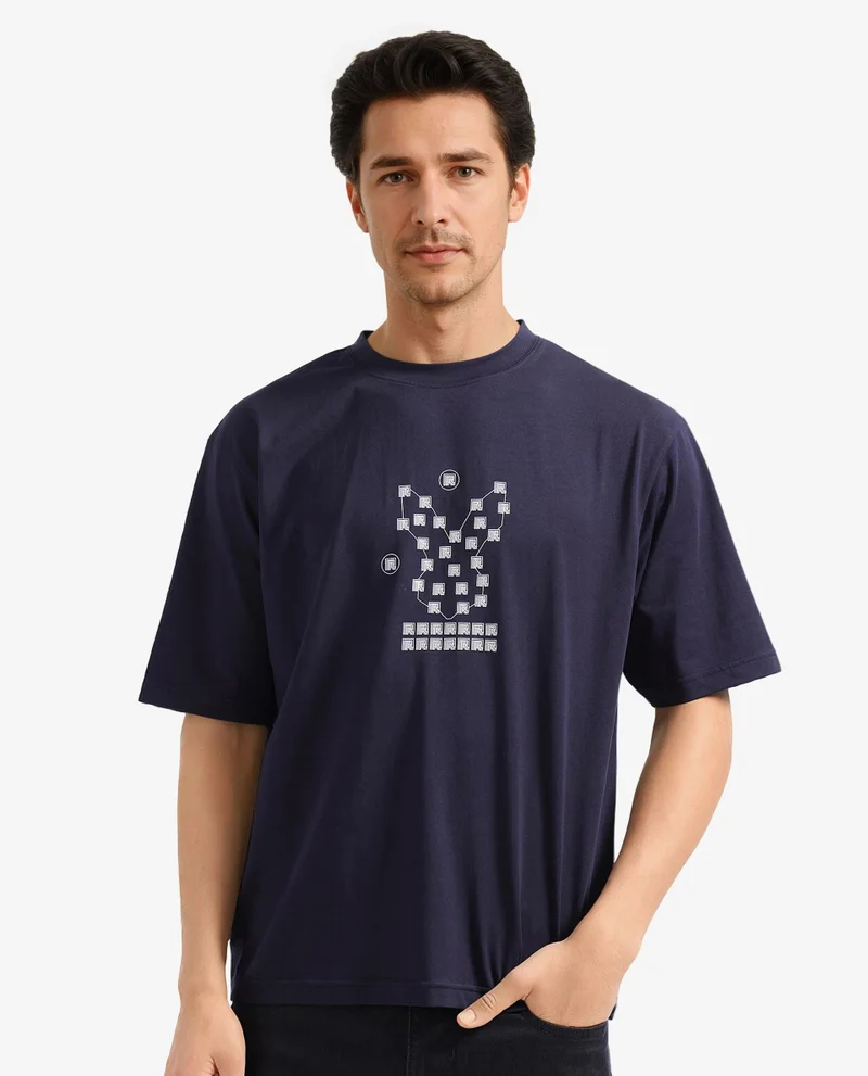 Rare Rabbit Rare Rabbit Men Rin Navy Short Sleeves Crew Neck Boxy Fit HD Print T-Shirt