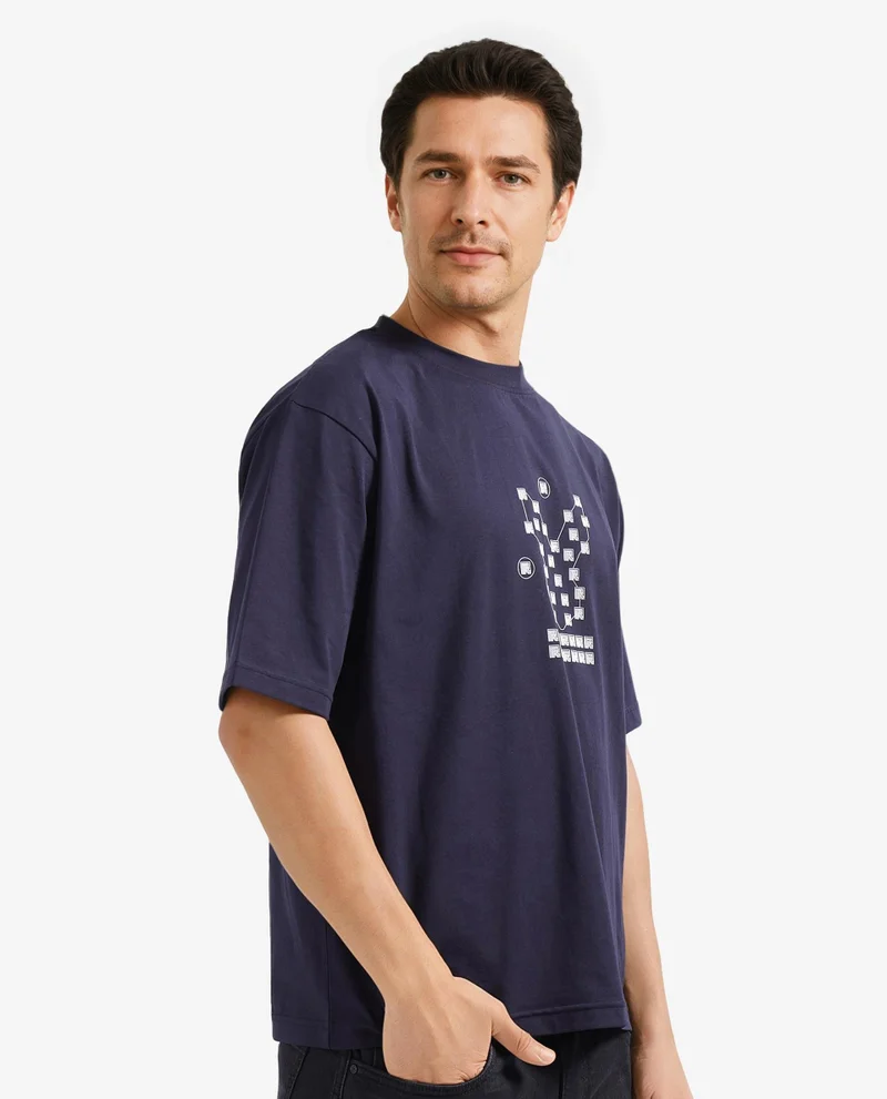 Rare Rabbit Rare Rabbit Men Rin Navy Short Sleeves Crew Neck Boxy Fit HD Print T-Shirt