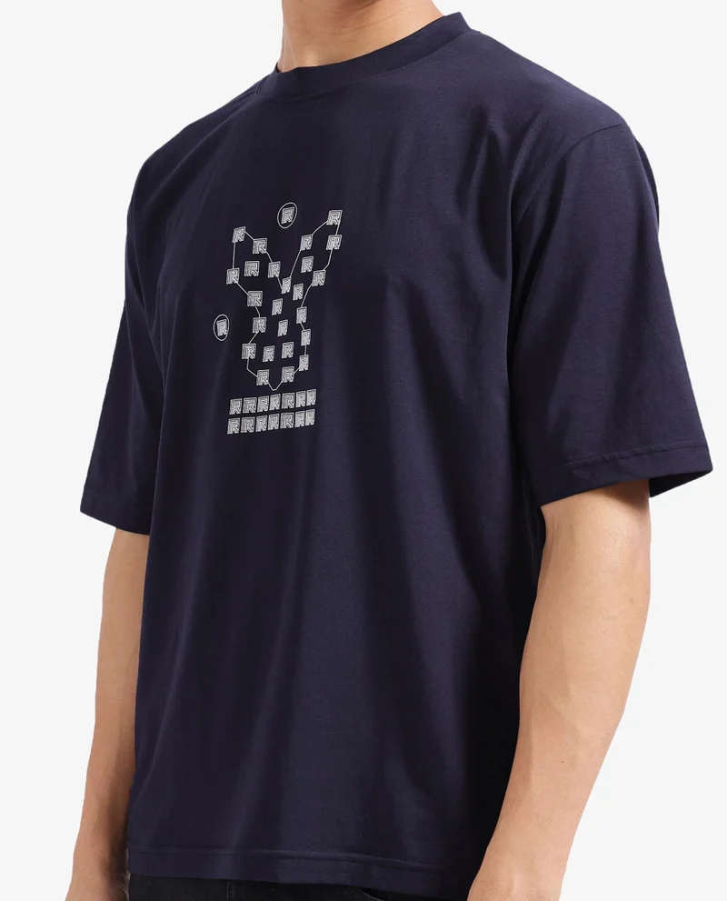 Rare Rabbit Rare Rabbit Men Rin Navy Short Sleeves Crew Neck Boxy Fit HD Print T-Shirt