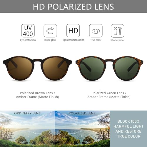 SUNGAIT Classic Vintage Round Polarized Sunglasses for Women Men Retro Style UV400 (2 Pack (Polarized): Amber/Brown+ Amber/Green) SGT166HPC-HPML - Image 2