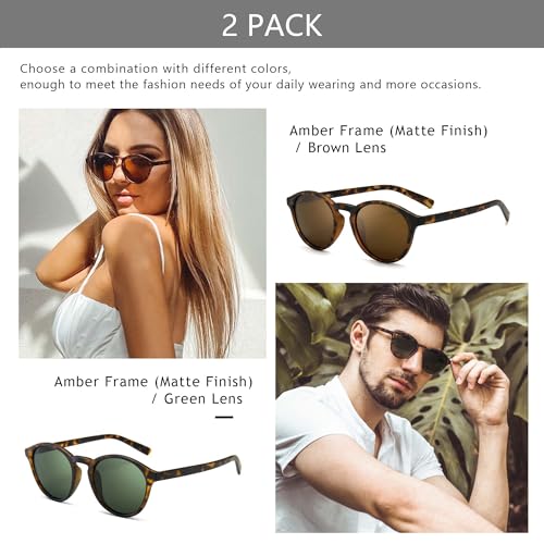 SUNGAIT Classic Vintage Round Polarized Sunglasses for Women Men Retro Style UV400 (2 Pack (Polarized): Amber/Brown+ Amber/Green) SGT166HPC-HPML - Image 3