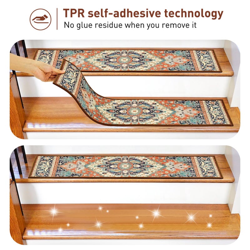 KOOTETA Stair Treads for Wooden Steps Indoor, 15 Pack 8" X 30" Non Slip Carpet Stair Treads with Reusable Adhesive for Kids Elders and Dogs, TPR Backing Stair Rugs Oriental Staircase Step Treads,Bohemia - Image 5